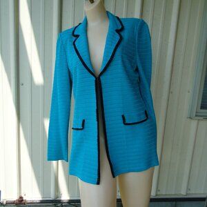 Turquoise Ming Wang Teal Ribbed Embellished Jacket Blazer M Black Trim
